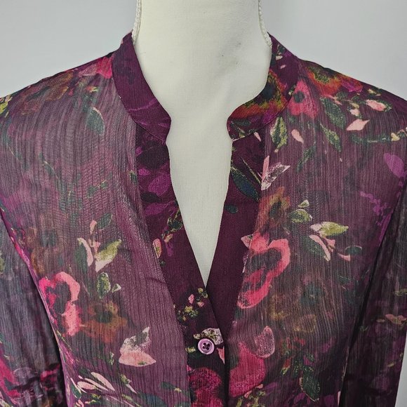 KUT from the KLOTH purple BLOUSE top FLORAL l/s SHEER hi-low BUTTONS - Picture 2 of 12